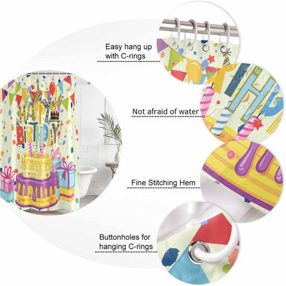 Shower Curtains Sets for Bathroom Decor Happy Birthday Text Waterproof Bathroom Curtain with Hooks, Cartoon Cake Ribbon Dots Quick Dry Bathtub Curtain 36x72in