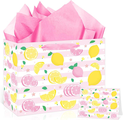 Pink and Yellow Lemon Gift Bags Lemon Birthday Baby Shower&Bridal Wedding Gift Bag with Tissue Paper Greeting Card Pink&Yellow Summer Fruit Wrapping Bags for Kids Girls Women Lemons Party Decoration