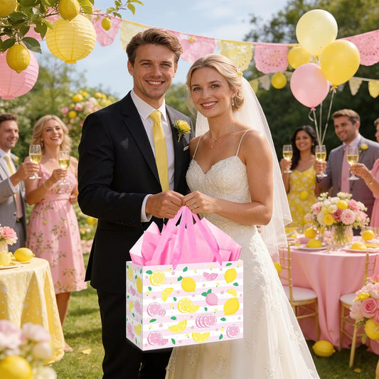 Pink and Yellow Lemon Gift Bags Lemon Birthday Baby Shower&Bridal Wedding Gift Bag with Tissue Paper Greeting Card Pink&Yellow Summer Fruit Wrapping Bags for Kids Girls Women Lemons Party Decoration