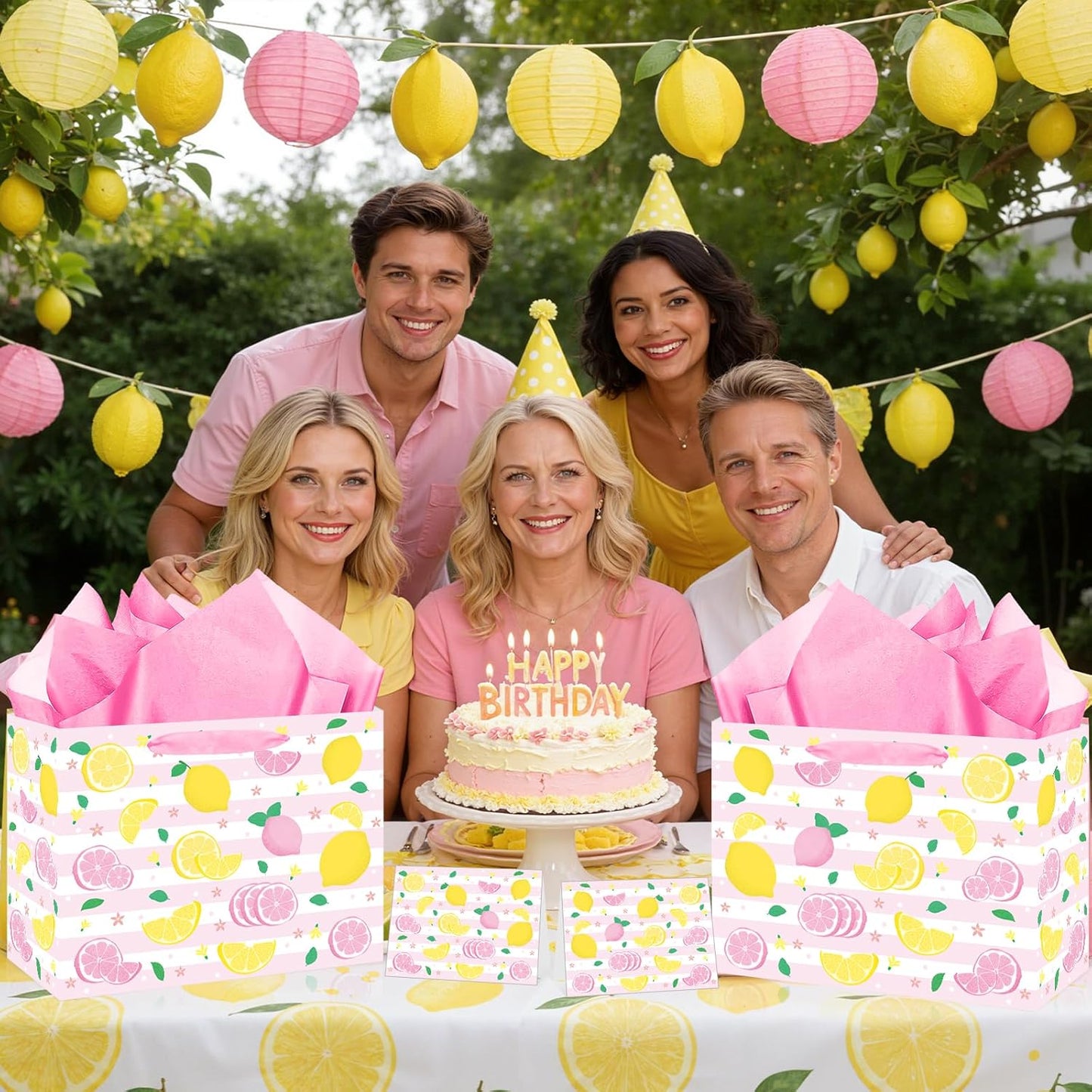 Pink and Yellow Lemon Gift Bags Lemon Birthday Baby Shower&Bridal Wedding Gift Bag with Tissue Paper Greeting Card Pink&Yellow Summer Fruit Wrapping Bags for Kids Girls Women Lemons Party Decoration