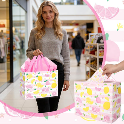 Pink and Yellow Lemon Gift Bags Lemon Birthday Baby Shower&Bridal Wedding Gift Bag with Tissue Paper Greeting Card Pink&Yellow Summer Fruit Wrapping Bags for Kids Girls Women Lemons Party Decoration
