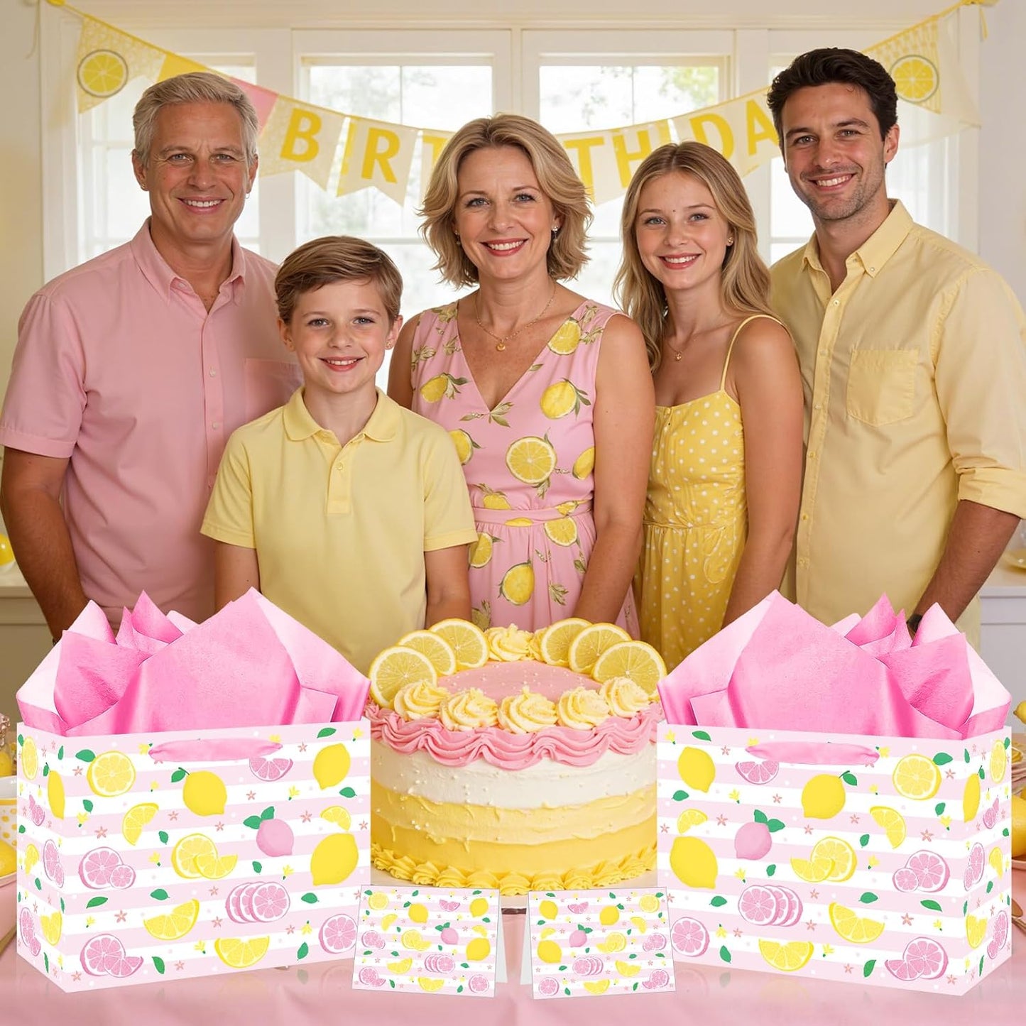 Pink and Yellow Lemon Gift Bags Lemon Birthday Baby Shower&Bridal Wedding Gift Bag with Tissue Paper Greeting Card Pink&Yellow Summer Fruit Wrapping Bags for Kids Girls Women Lemons Party Decoration