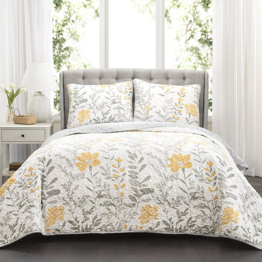 Aprile Reversible Floral Quilt King Size 3 Piece Set King, Yellow & Gray - Bedding Set - Floral Quilt - Cottage Bedroom Décor