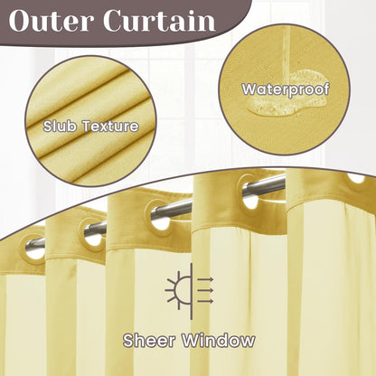 No Hook Slub Textured Shower Curtain with Snap in Liner - Yellow Fabric Outer Curtain & Waterproof Inner Liner, Hotel Style with See Through Top Window, 71x74 in