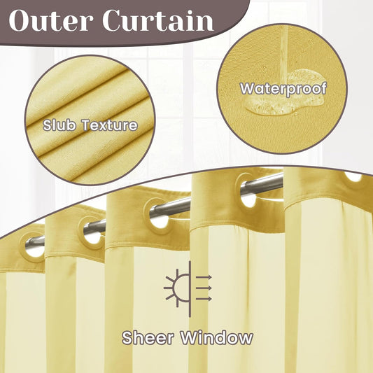 No Hook Slub Textured Shower Curtain with Snap in Liner - Yellow Fabric Outer Curtain & Waterproof Inner Liner, Hotel Style with See Through Top Window, 71x74 in