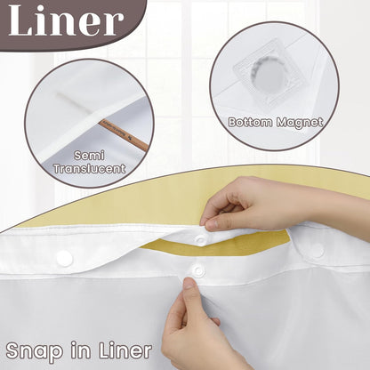 No Hook Slub Textured Shower Curtain with Snap in Liner - Yellow Fabric Outer Curtain & Waterproof Inner Liner, Hotel Style with See Through Top Window, 71x74 in