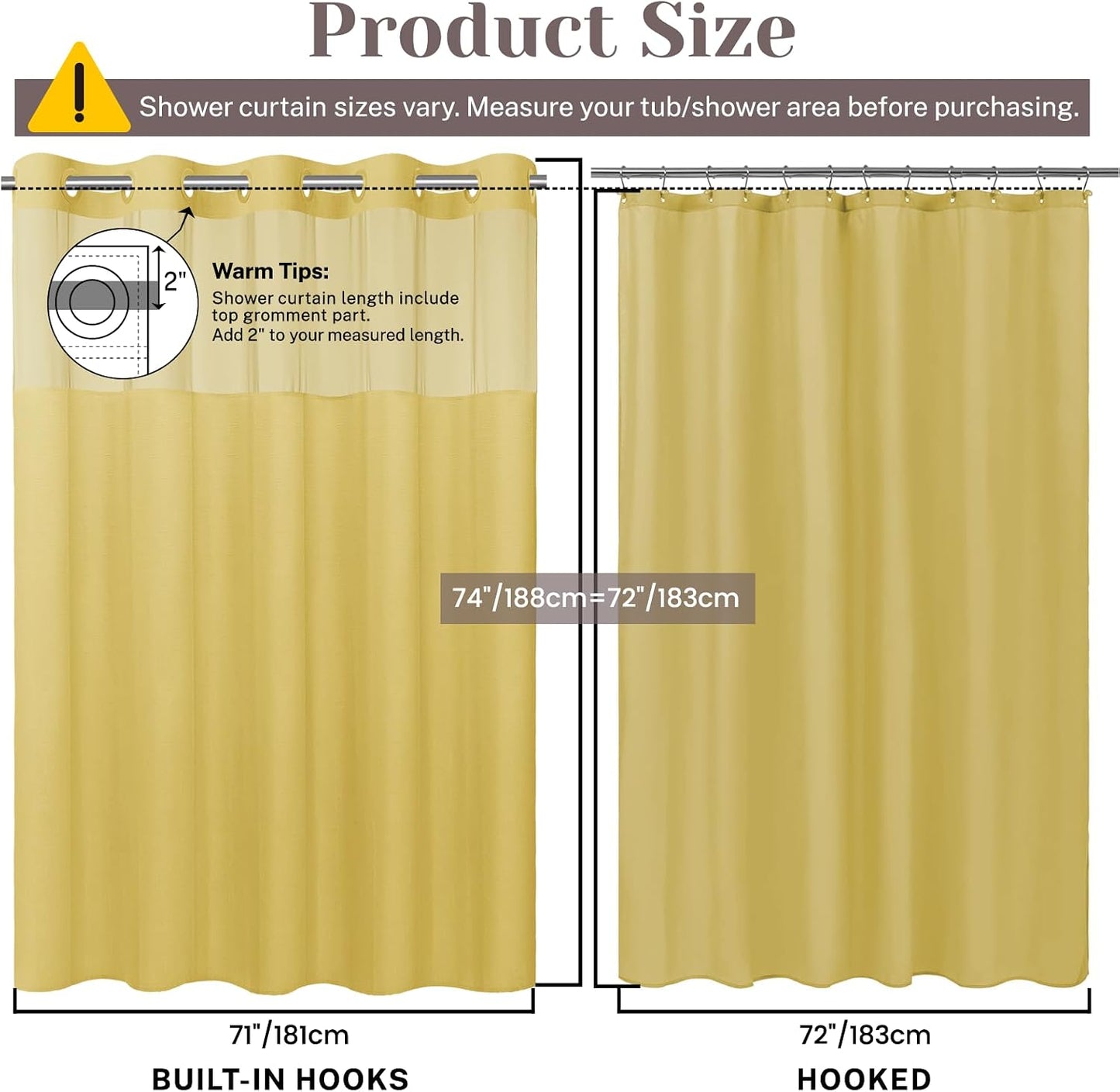 No Hook Slub Textured Shower Curtain with Snap in Liner - Yellow Fabric Outer Curtain & Waterproof Inner Liner, Hotel Style with See Through Top Window, 71x74 in