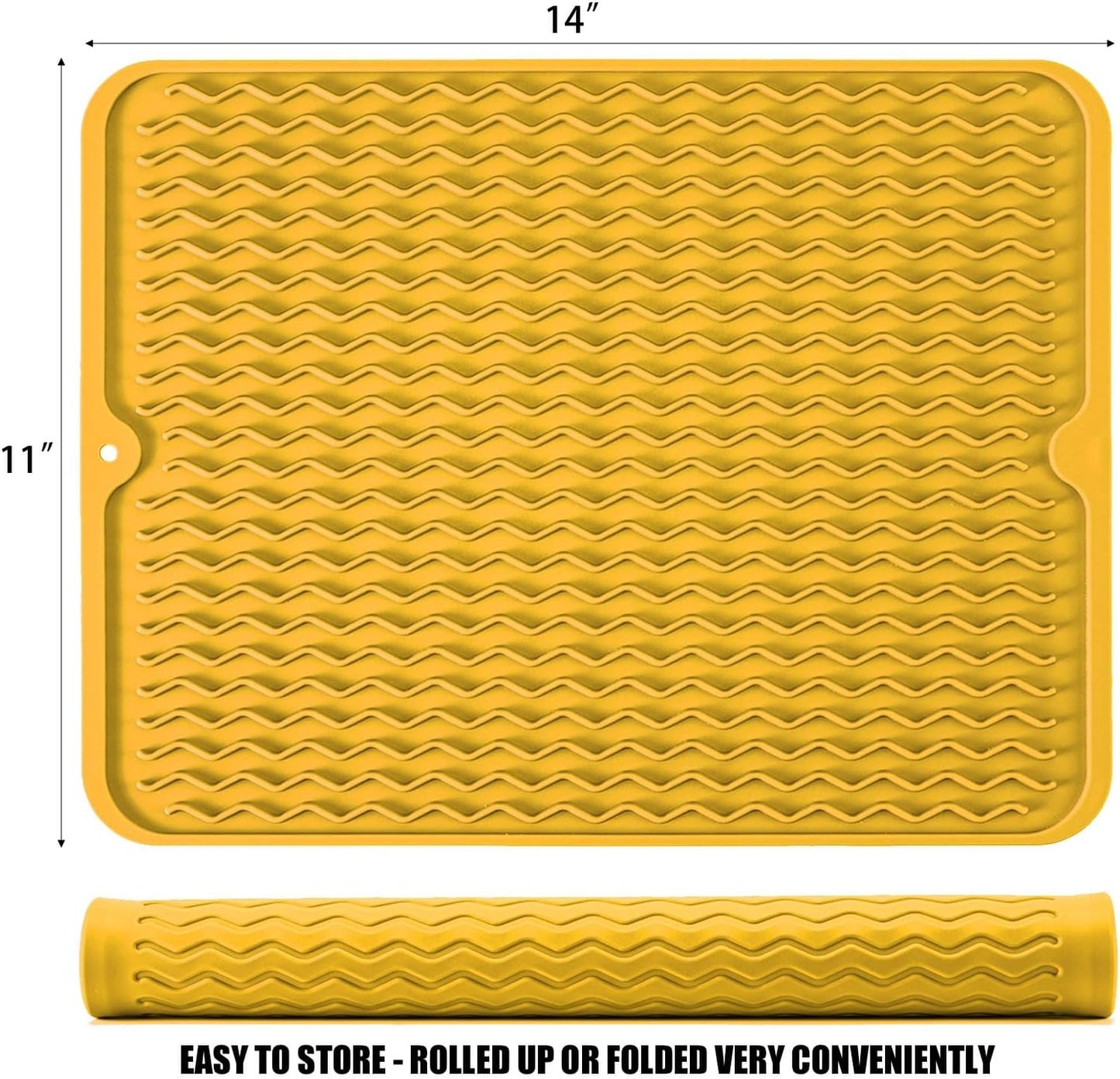 Large 14" x 11" Silicone Dish Drying Mat for Kitchen Counter, Easy clean, Quick Dry, Heat-resistant Dish Drainer Mat for Sink,Refrigerator or Drawer liner (Food Grade Silicone-Yellow)