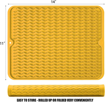 Large 14" x 11" Silicone Dish Drying Mat for Kitchen Counter, Easy clean, Quick Dry, Heat-resistant Dish Drainer Mat for Sink,Refrigerator or Drawer liner (Food Grade Silicone-Yellow)