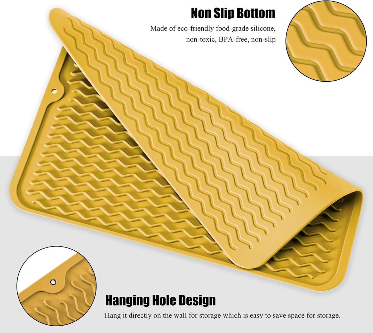 Large 14" x 11" Silicone Dish Drying Mat for Kitchen Counter, Easy clean, Quick Dry, Heat-resistant Dish Drainer Mat for Sink,Refrigerator or Drawer liner (Food Grade Silicone-Yellow)