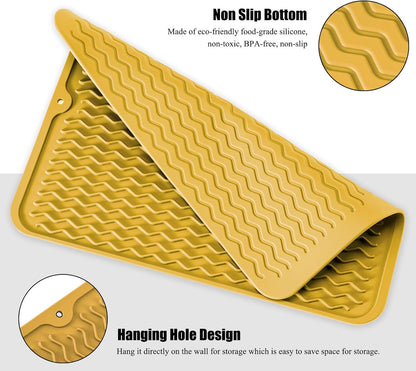Large 14" x 11" Silicone Dish Drying Mat for Kitchen Counter, Easy clean, Quick Dry, Heat-resistant Dish Drainer Mat for Sink,Refrigerator or Drawer liner (Food Grade Silicone-Yellow)