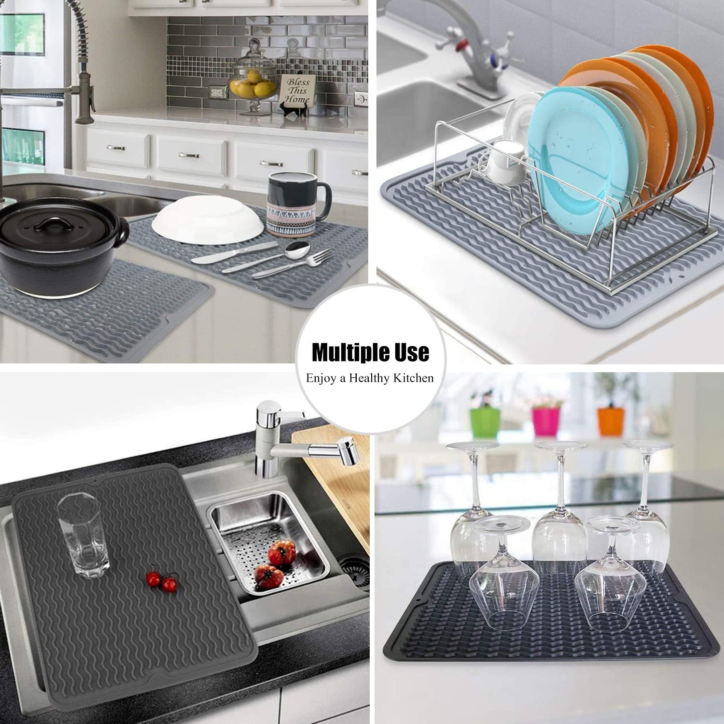 Large 14" x 11" Silicone Dish Drying Mat for Kitchen Counter, Easy clean, Quick Dry, Heat-resistant Dish Drainer Mat for Sink,Refrigerator or Drawer liner (Food Grade Silicone-Yellow)