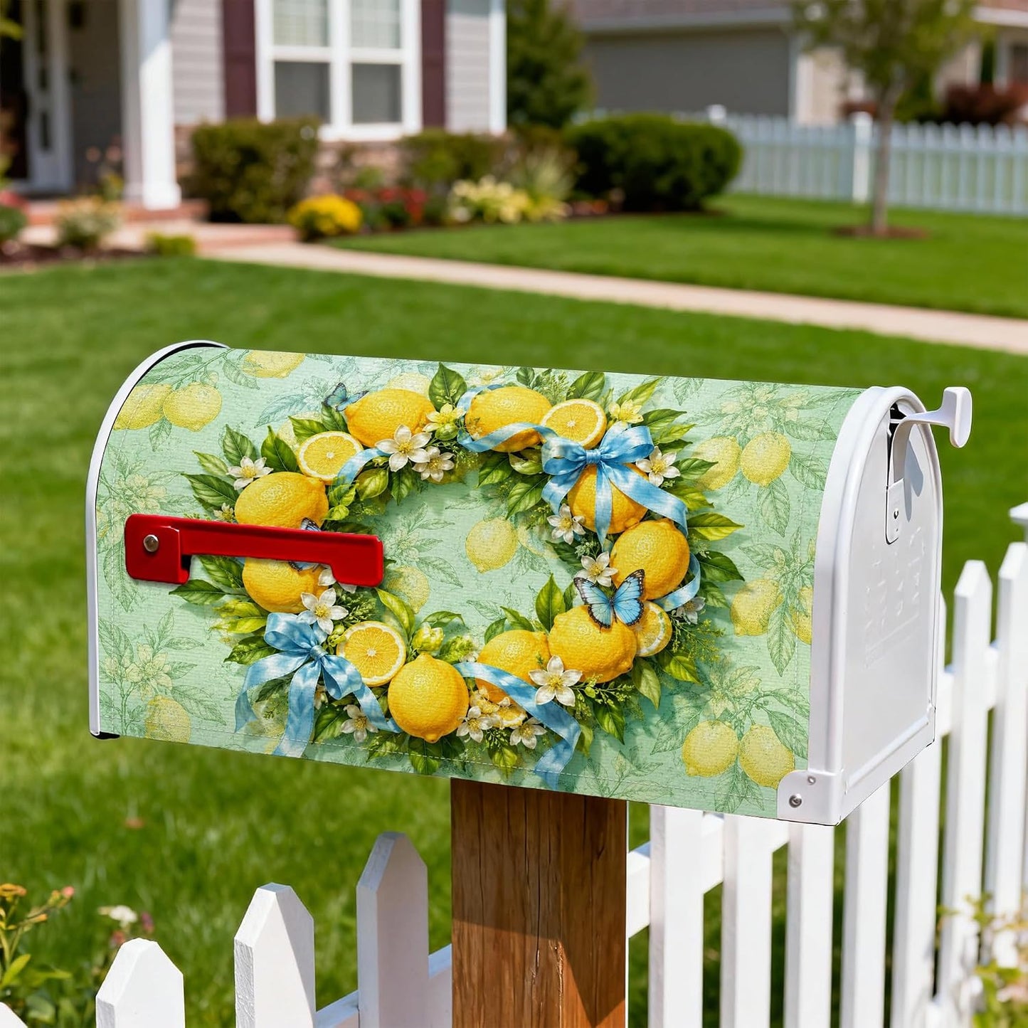 Lemon Magnetic Mailbox Covers, Spring Vibrant Butterfly Flowers Spring Yellow Mailbox Skin for Lawn Decoration 18x21 Inch