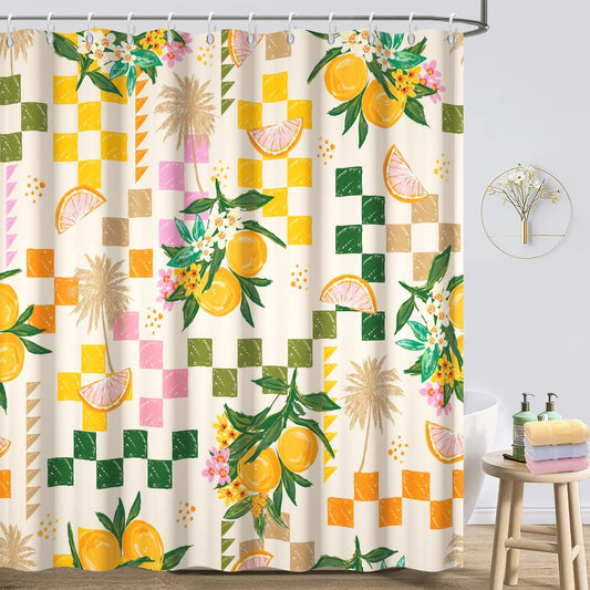 Yellow Lemon Shower Curtain with Hooks for Bathroom 72x72 Inch | Waterproof Summer Green and Pink Citru Fruits Shower Curtain Set, Soft Bathroom Decor, Machine Washable