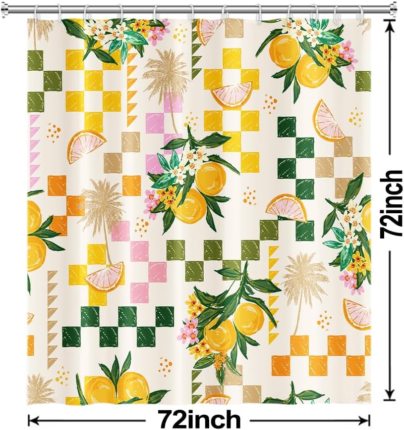 Yellow Lemon Shower Curtain with Hooks for Bathroom 72x72 Inch | Waterproof Summer Green and Pink Citru Fruits Shower Curtain Set, Soft Bathroom Decor, Machine Washable