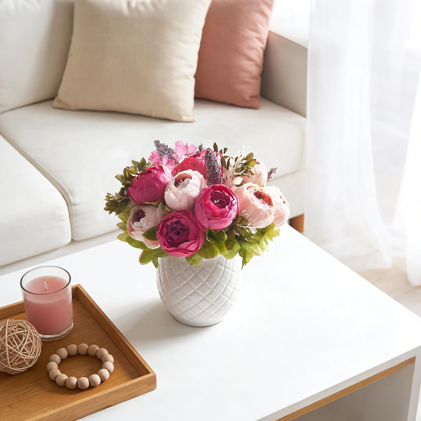 Peonies Artificial Flowers, 13 Stems Faux Peonies Real Touch 2 Pack | Look Real Silk Petals, Bendable Stems, No Wilting, Low Upkeep, Dining Table Centerpieces, Kitchen, Wedding, Party, Home Decor