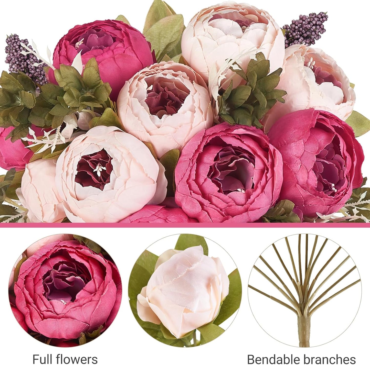 Peonies Artificial Flowers, 13 Stems Faux Peonies Real Touch 2 Pack | Look Real Silk Petals, Bendable Stems, No Wilting, Low Upkeep, Dining Table Centerpieces, Kitchen, Wedding, Party, Home Decor