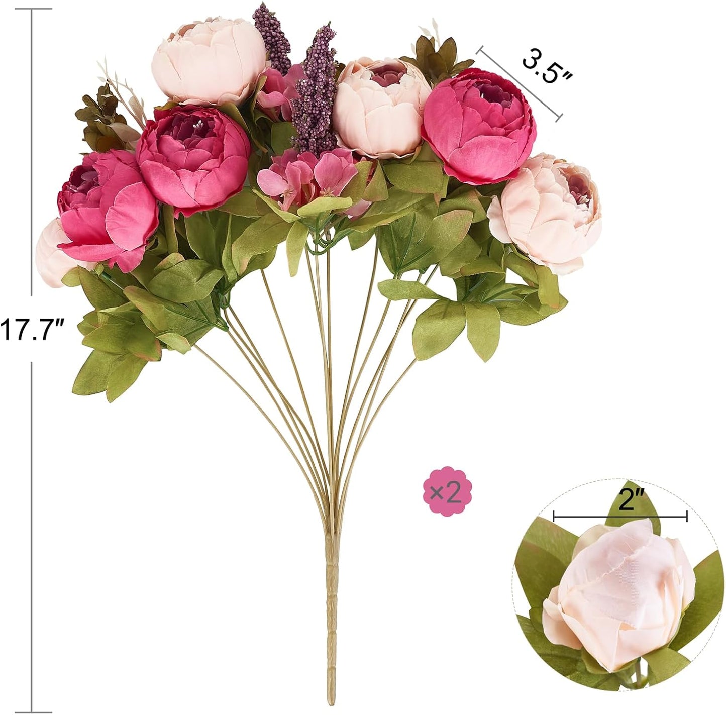 Peonies Artificial Flowers, 13 Stems Faux Peonies Real Touch 2 Pack | Look Real Silk Petals, Bendable Stems, No Wilting, Low Upkeep, Dining Table Centerpieces, Kitchen, Wedding, Party, Home Decor