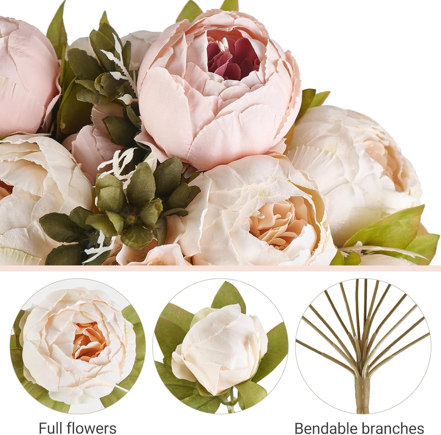 Peonies Artificial Flowers, 13 Stems Faux Peonies Real Touch 2 Pack | Look Real Silk Petals, Bendable Stems, No Wilting, Low Upkeep, Dining Table Centerpieces, Kitchen, Wedding, Party, Home Decor