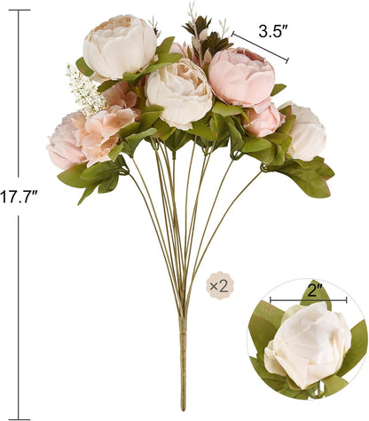 Peonies Artificial Flowers, 13 Stems Faux Peonies Real Touch 2 Pack | Look Real Silk Petals, Bendable Stems, No Wilting, Low Upkeep, Dining Table Centerpieces, Kitchen, Wedding, Party, Home Decor