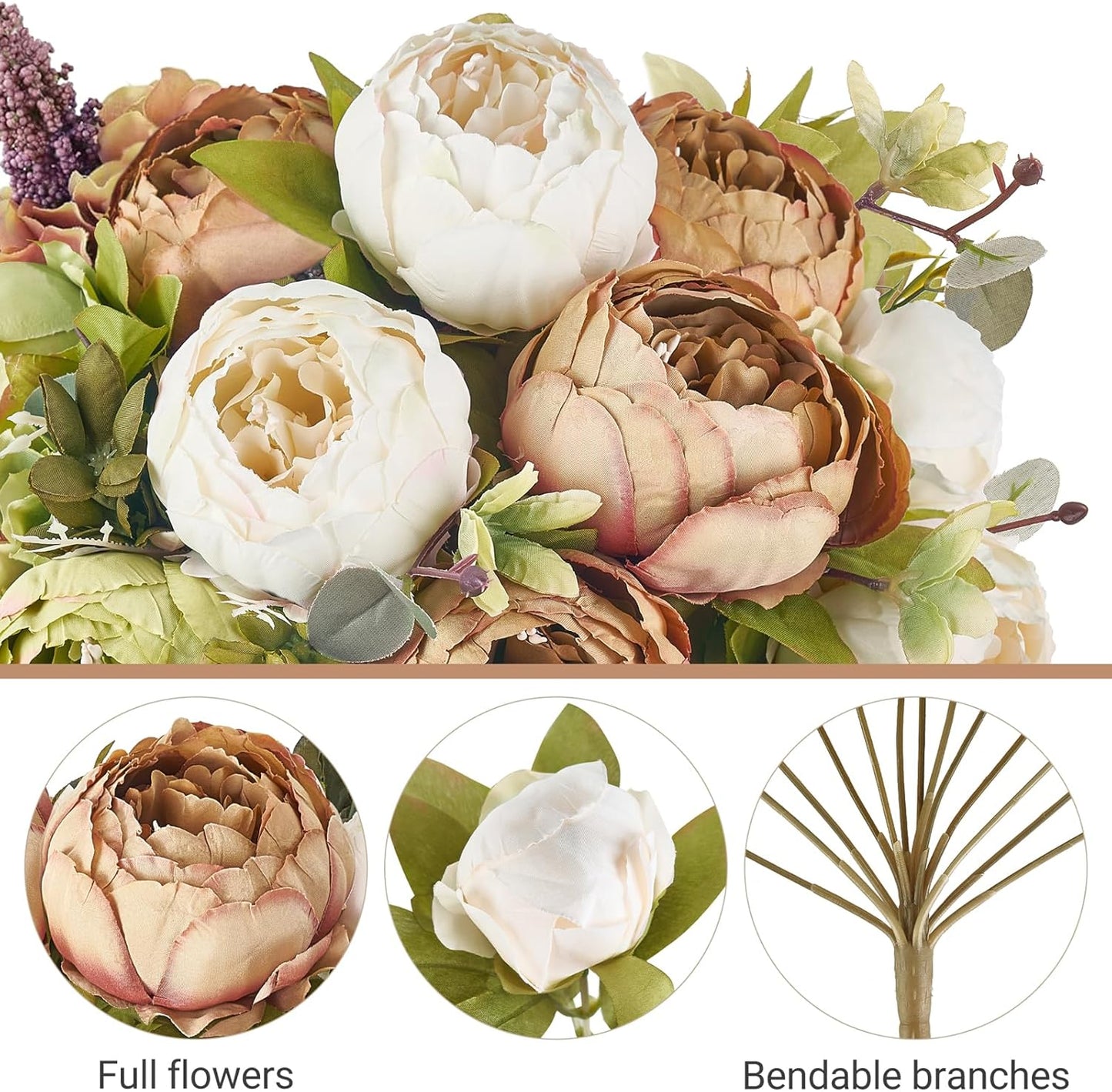 Peonies Artificial Flowers, 13 Stems Faux Peonies Real Touch 2 Pack | Look Real Silk Petals, Bendable Stems, No Wilting, Low Upkeep, Dining Table Centerpieces, Kitchen, Wedding, Party, Home Decor