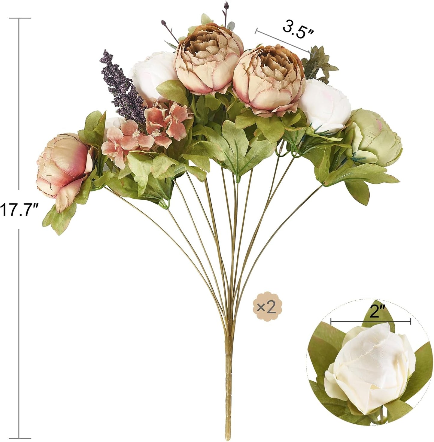 Peonies Artificial Flowers, 13 Stems Faux Peonies Real Touch 2 Pack | Look Real Silk Petals, Bendable Stems, No Wilting, Low Upkeep, Dining Table Centerpieces, Kitchen, Wedding, Party, Home Decor