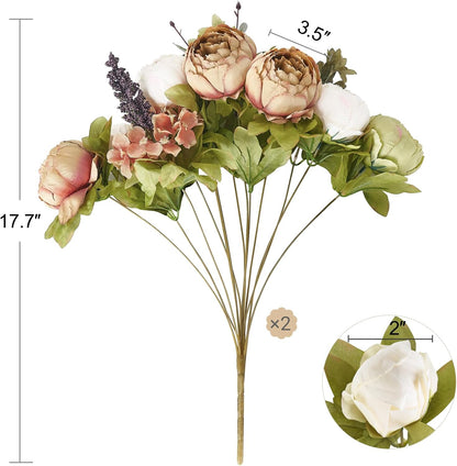 Peonies Artificial Flowers, 13 Stems Faux Peonies Real Touch 2 Pack | Look Real Silk Petals, Bendable Stems, No Wilting, Low Upkeep, Dining Table Centerpieces, Kitchen, Wedding, Party, Home Decor