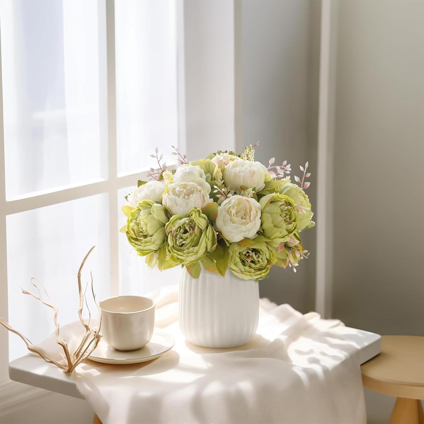 Peonies Artificial Flowers, 13 Stems Faux Peonies Real Touch 2 Pack | Look Real Silk Petals, Bendable Stems, No Wilting, Low Upkeep, Dining Table Centerpieces, Kitchen, Wedding, Party, Home Decor