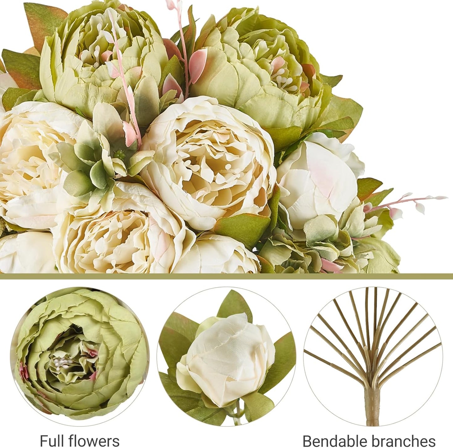 Peonies Artificial Flowers, 13 Stems Faux Peonies Real Touch 2 Pack | Look Real Silk Petals, Bendable Stems, No Wilting, Low Upkeep, Dining Table Centerpieces, Kitchen, Wedding, Party, Home Decor