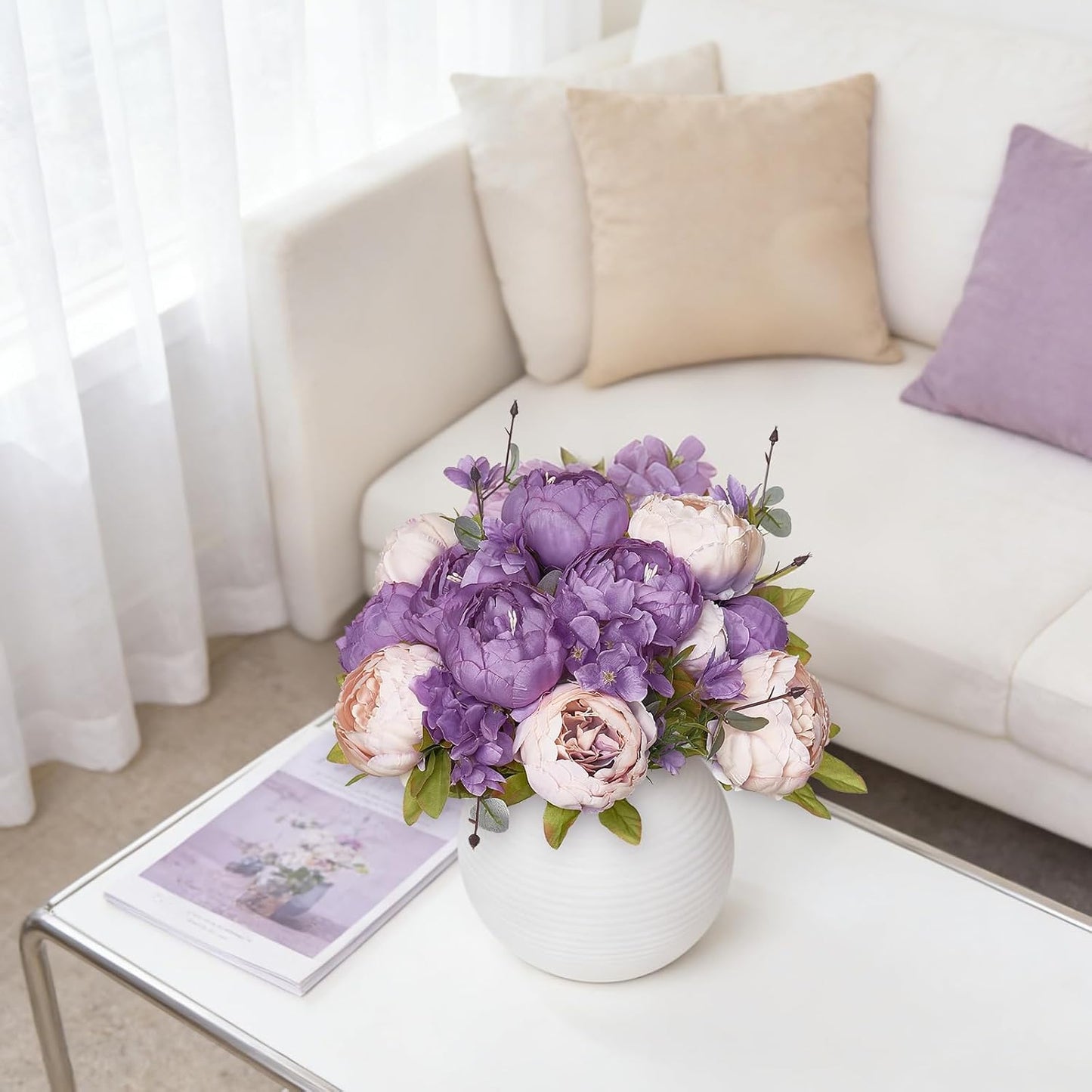 Peonies Artificial Flowers, 13 Stems Faux Peonies Real Touch 2 Pack | Look Real Silk Petals, Bendable Stems, No Wilting, Low Upkeep, Dining Table Centerpieces, Kitchen, Wedding, Party, Home Decor