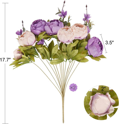 Peonies Artificial Flowers, 13 Stems Faux Peonies Real Touch 2 Pack | Look Real Silk Petals, Bendable Stems, No Wilting, Low Upkeep, Dining Table Centerpieces, Kitchen, Wedding, Party, Home Decor