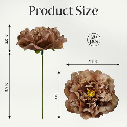 Artificial Flower Peonies, 20 Pcs Yellow Flowers Bulk Heads with Stem | 5 Inch Silk Fake Peony for DIY Crafts Garland, No Leaf, Faux Peonies Flowers for Wedding Home Party Centerpiece Signage Decor