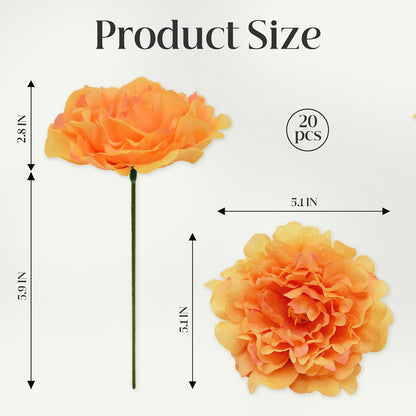 Artificial Flower Peonies, 20 Pcs Yellow Flowers Bulk Heads with Stem | 5 Inch Silk Fake Peony for DIY Crafts Garland, No Leaf, Faux Peonies Flowers for Wedding Home Party Centerpiece Signage Decor