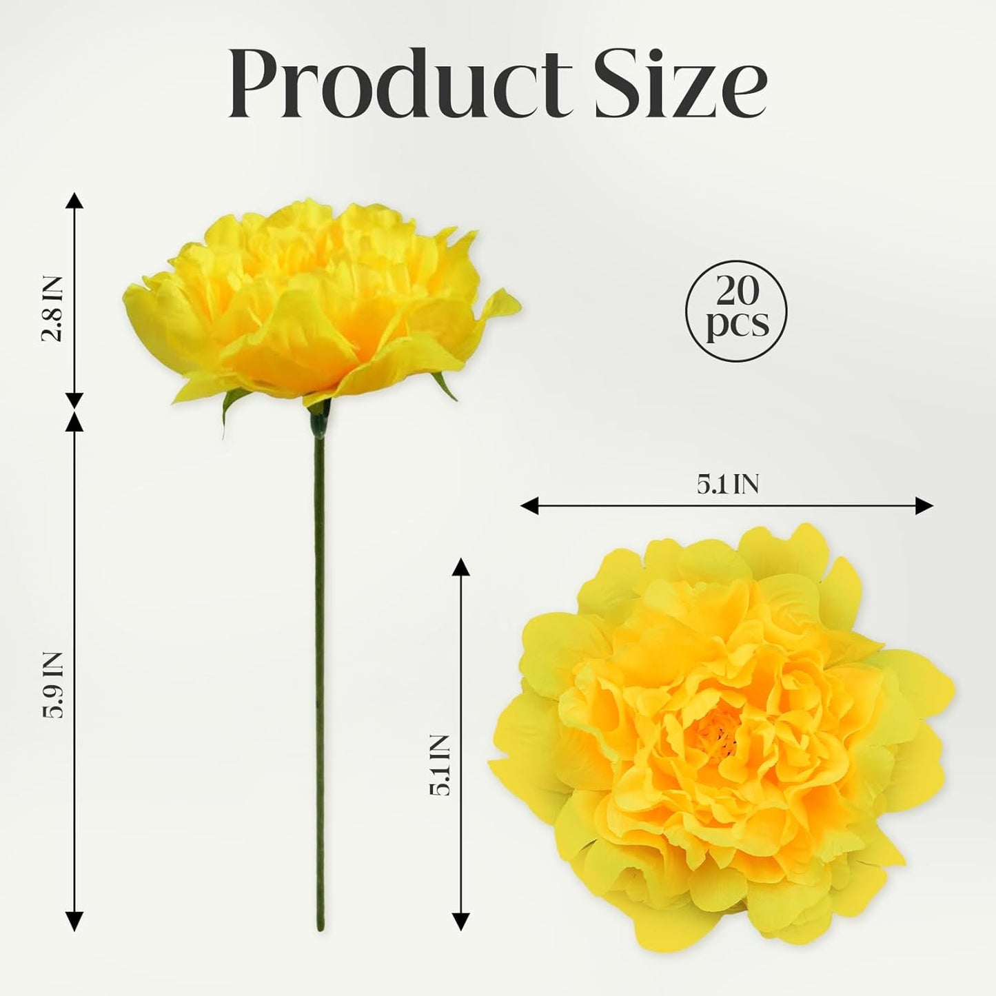 Artificial Flower Peonies, 20 Pcs Yellow Flowers Bulk Heads with Stem | 5 Inch Silk Fake Peony for DIY Crafts Garland, No Leaf, Faux Peonies Flowers for Wedding Home Party Centerpiece Signage Decor