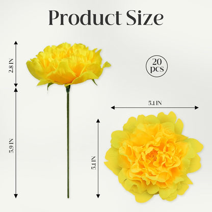 Artificial Flower Peonies, 20 Pcs Yellow Flowers Bulk Heads with Stem | 5 Inch Silk Fake Peony for DIY Crafts Garland, No Leaf, Faux Peonies Flowers for Wedding Home Party Centerpiece Signage Decor