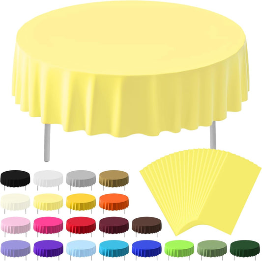 20 Pack Disposable Plastic Tablecloth Round, 84 Inch Premium Plastic Table Cover for Parties, Picnic, Camping, Birthday, Weeding (Light Yellow, 84" Round)