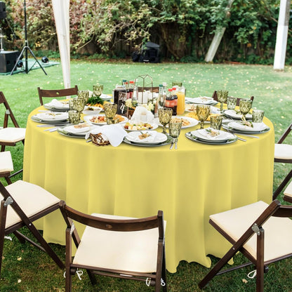 20 Pack Disposable Plastic Tablecloth Round, 84 Inch Premium Plastic Table Cover for Parties, Picnic, Camping, Birthday, Weeding (Light Yellow, 84" Round)