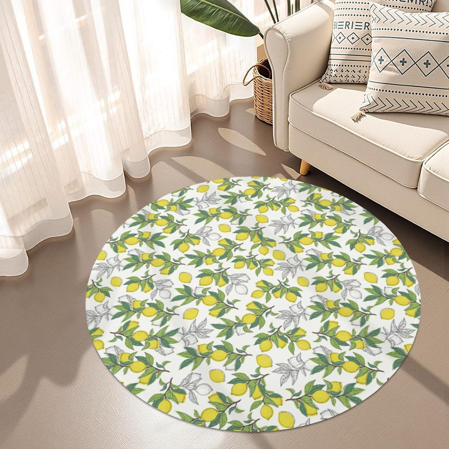 Lemon Round Rugs 4ft Summer Area Rug Green Yellow Low Pile Washable Rug Non Slip Rubber Backing Circle Carpet Doormat for Living Room Bedroom Entryway