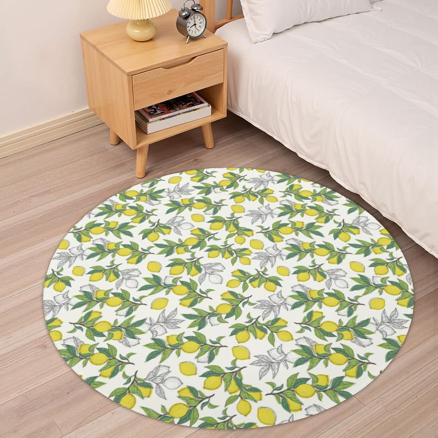 Lemon Round Rugs 4ft Summer Area Rug Green Yellow Low Pile Washable Rug Non Slip Rubber Backing Circle Carpet Doormat for Living Room Bedroom Entryway