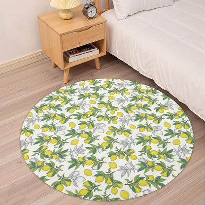 Lemon Round Rugs 4ft Summer Area Rug Green Yellow Low Pile Washable Rug Non Slip Rubber Backing Circle Carpet Doormat for Living Room Bedroom Entryway