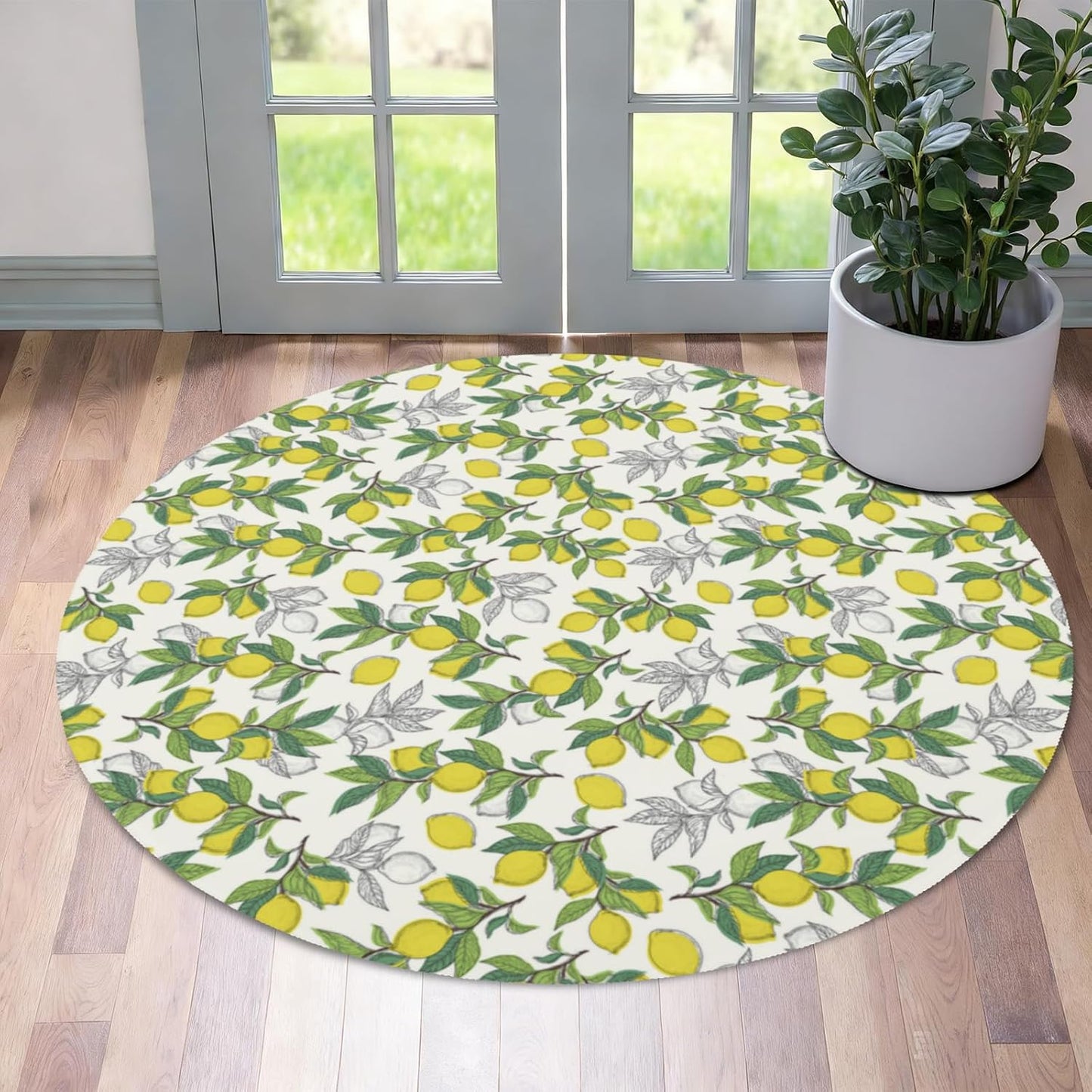 Lemon Round Rugs 4ft Summer Area Rug Green Yellow Low Pile Washable Rug Non Slip Rubber Backing Circle Carpet Doormat for Living Room Bedroom Entryway