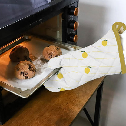Oven Mitts (Set of 2) | Heat Resistant Oven Gloves Kitchen,Safe for Baking, BBQ, Grilling | Cooking Gloves | Soft & Durable | Machine Washable (Lemon Zest Print)