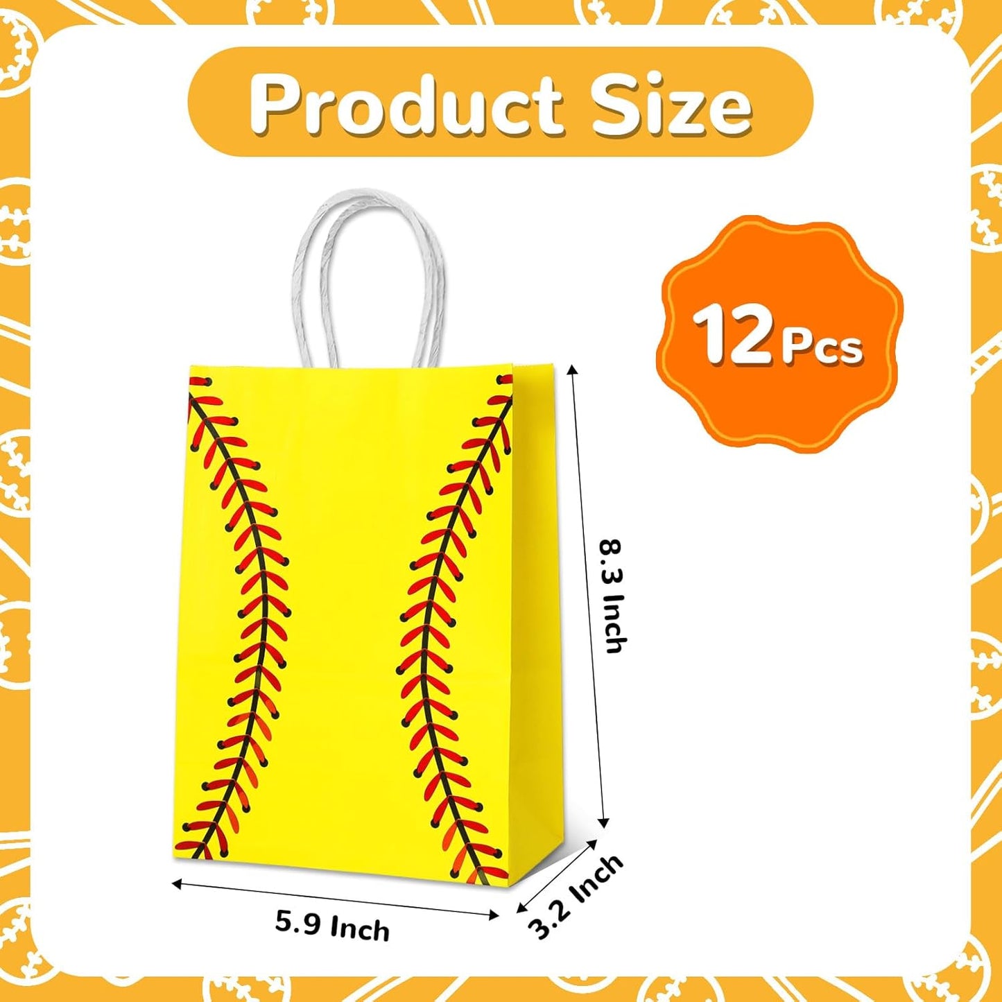12 Pcs Softball Party Gift Bags, Softball Pattern Gift Bag with Handle, Paper Treat Candy Goodie Bags for Softball-Themed Party Games Sports Day Birthday Decorations Supplies