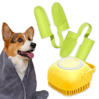 Dog Finger Toothbrush, Dog Shampoo Brush, Dog Accessories: 3 in 1 Dog Bath Brush and 2 Finger Tooth Brush Kit, Essential Puppy Products for Teeth Cleaning, Bathing, and Grooming (Yellow).