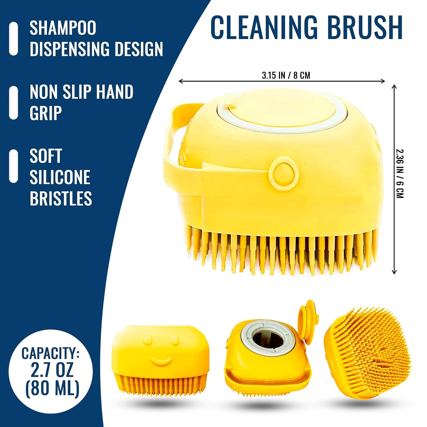 Dog Finger Toothbrush, Dog Shampoo Brush, Dog Accessories: 3 in 1 Dog Bath Brush and 2 Finger Tooth Brush Kit, Essential Puppy Products for Teeth Cleaning, Bathing, and Grooming (Yellow).