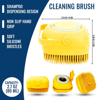 Dog Finger Toothbrush, Dog Shampoo Brush, Dog Accessories: 3 in 1 Dog Bath Brush and 2 Finger Tooth Brush Kit, Essential Puppy Products for Teeth Cleaning, Bathing, and Grooming (Yellow).