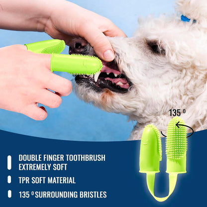 Dog Finger Toothbrush, Dog Shampoo Brush, Dog Accessories: 3 in 1 Dog Bath Brush and 2 Finger Tooth Brush Kit, Essential Puppy Products for Teeth Cleaning, Bathing, and Grooming (Yellow).