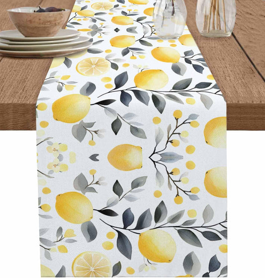 Summe Lemon Table Runner Gray Leaf Cotton Linen Table Runners 72 Inches Long, Decorative Dresser Scarf for Kitchen Dining Table, Spring Table Decorations for Home,Parties,and Outdoor Events