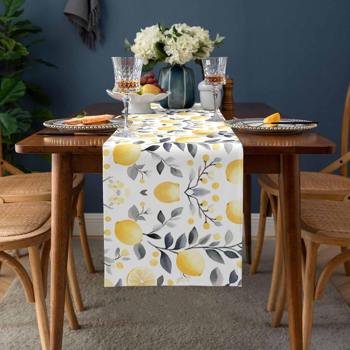 Summe Lemon Table Runner Gray Leaf Cotton Linen Table Runners 72 Inches Long, Decorative Dresser Scarf for Kitchen Dining Table, Spring Table Decorations for Home,Parties,and Outdoor Events