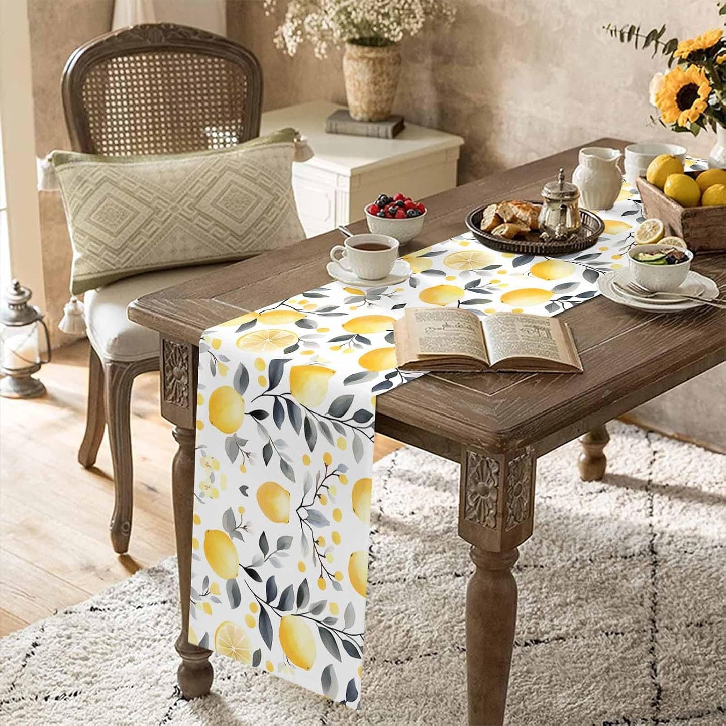 Summe Lemon Table Runner Gray Leaf Cotton Linen Table Runners 72 Inches Long, Decorative Dresser Scarf for Kitchen Dining Table, Spring Table Decorations for Home,Parties,and Outdoor Events
